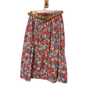 Vintage Jara 1970s Floral Print Pleated Midi Mom Skirt Belted Cottage Teacher 8
